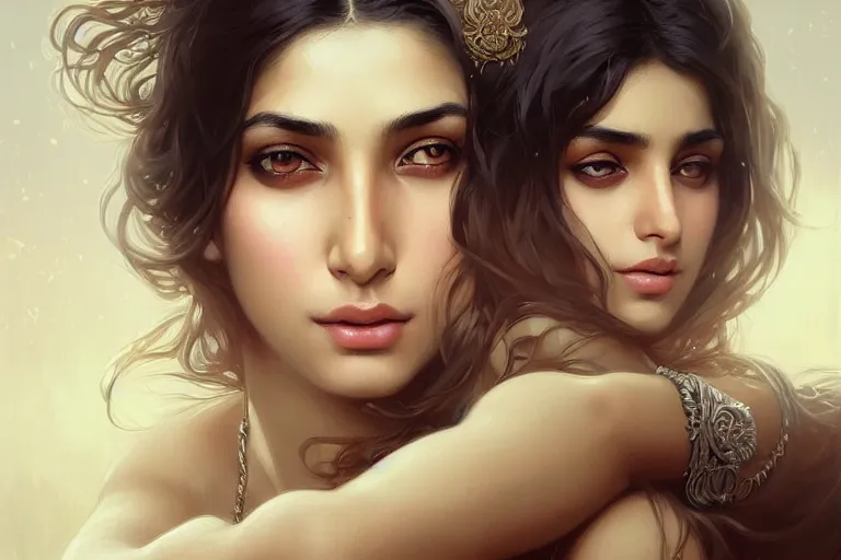 Image similar to sensual good looking pale young bengali girl with soulful eyes with a majestic german shepherd, portrait, elegant, intricate, digital painting, artstation, concept art, smooth, sharp focus, illustration, art by artgerm and greg rutkowski and alphonse mucha
