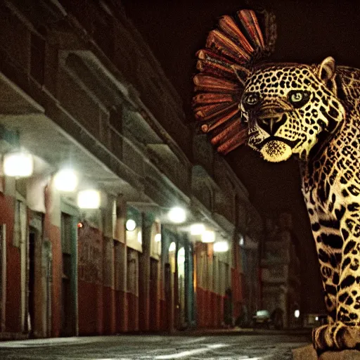 Prompt: empty street, mayan jaguar warrior, portrait, at night, by addy campbell, cinematography by quetzalcoatl