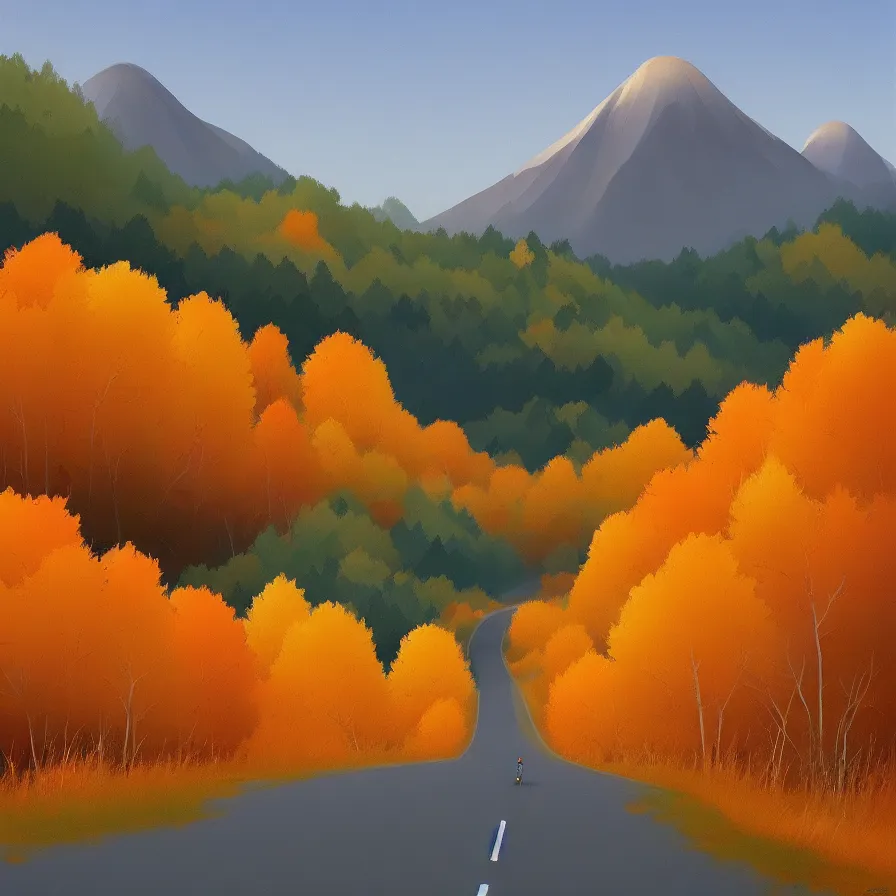 Prompt: goro fujita ilustration distant view of a mountain which is surrounded by a road up the slope. by the roadside are tall autumn trees, painting by goro fujita, sharp focus, highly detailed, artstation