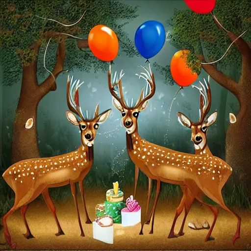 Image similar to three deers having a cool birthday party, photo, highly detailed