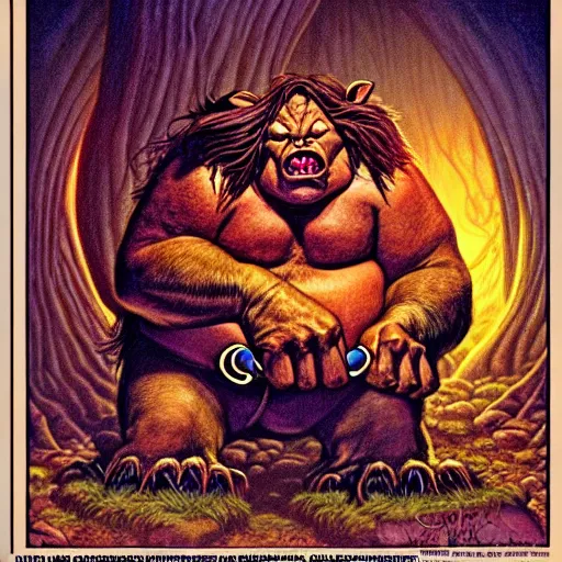 Image similar to Fantasy illustration by Clyde Caldwell The ogre snores in its sleep, its head bobbing from side to side. You reach down to the belt at its waist and feel for the ring of keys hanging from it.