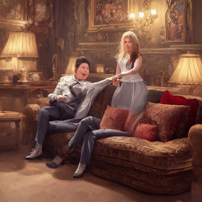 Image similar to portrait of michael mcintyre leaving on a sofa with a singing waitress, elegant, real life skin, intricate artwork, high detailed, artstation, concept art, smooth, sharpz focus, art by artgerm and greg rutkowski