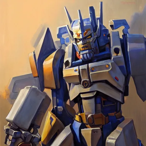 Image similar to greg manchess portrait painting of optimus prime as overwatch character, medium shot, asymmetrical, profile picture, organic painting, sunny day, matte painting, bold shapes, hard edges, street art, trending on artstation, by huang guangjian and gil elvgren and sachin teng