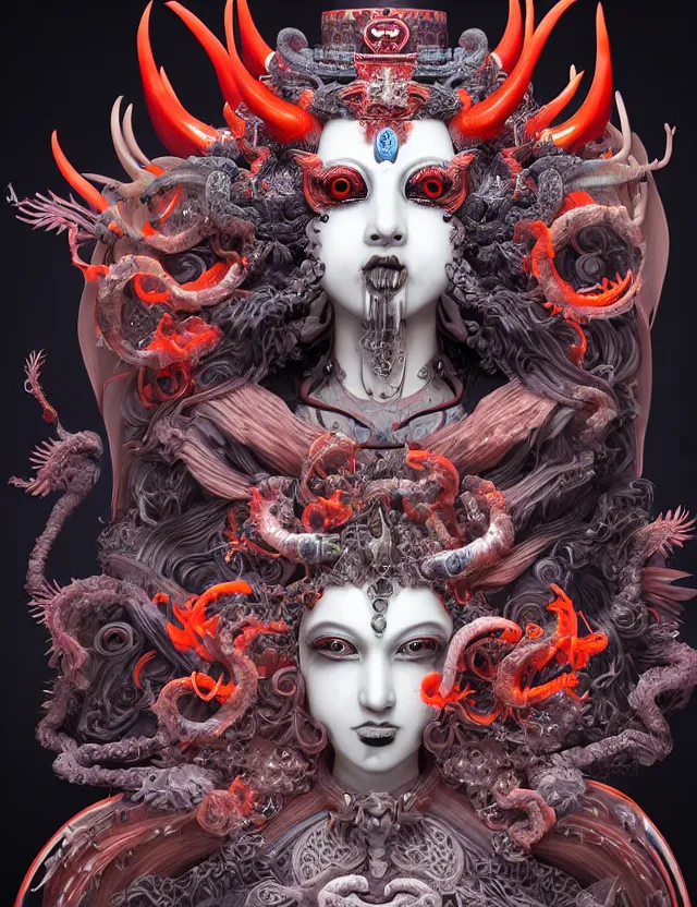 Image similar to 3 d goddess close - up profile satan biohazard portrait with crown, ram skull. beautiful intricately detailed japanese crow kitsune mask and clasical japanese kimono. betta fish, jellyfish phoenix, bio luminescent, plasma, ice, water, wind, creature, artwork by tooth wu and wlop and beeple and greg rutkowski