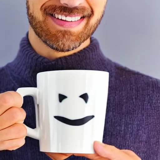 Image similar to a man holding a coffee mug. the coffee mug has a smiling, cartoony face on it.