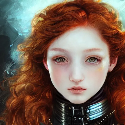 Image similar to portrait of a girl by ayami kojima, scottish, she is about 2 0 years old, wavy redhead, annoying little sister vibes, she is wearing a steampunk tactical gear, highly detailed portrait, digital painting, artstation, concept art, smooth, sharp foccus ilustration, artstation hq