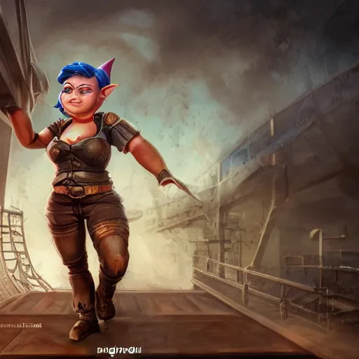 Image similar to realistic full body portrait of a real-life scrappy female gnome engineer with pixie undercut hair, one of her arms is a prosthetic metal thunder gauntlet, standing on a ship deck, thunder fantasy magic, naval background, D&D, highly detailed, digital painting, HD, trending on ArtStation, dark fantasy, great composition, concept art, matte, sharp focus, illustration, by Greg Rutkowski