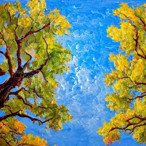 Image similar to oil paint impasto reliefs of looking up at a large sunny oak tree, through to beautiful clouds, thick heavy painterly style using a palette knife - i