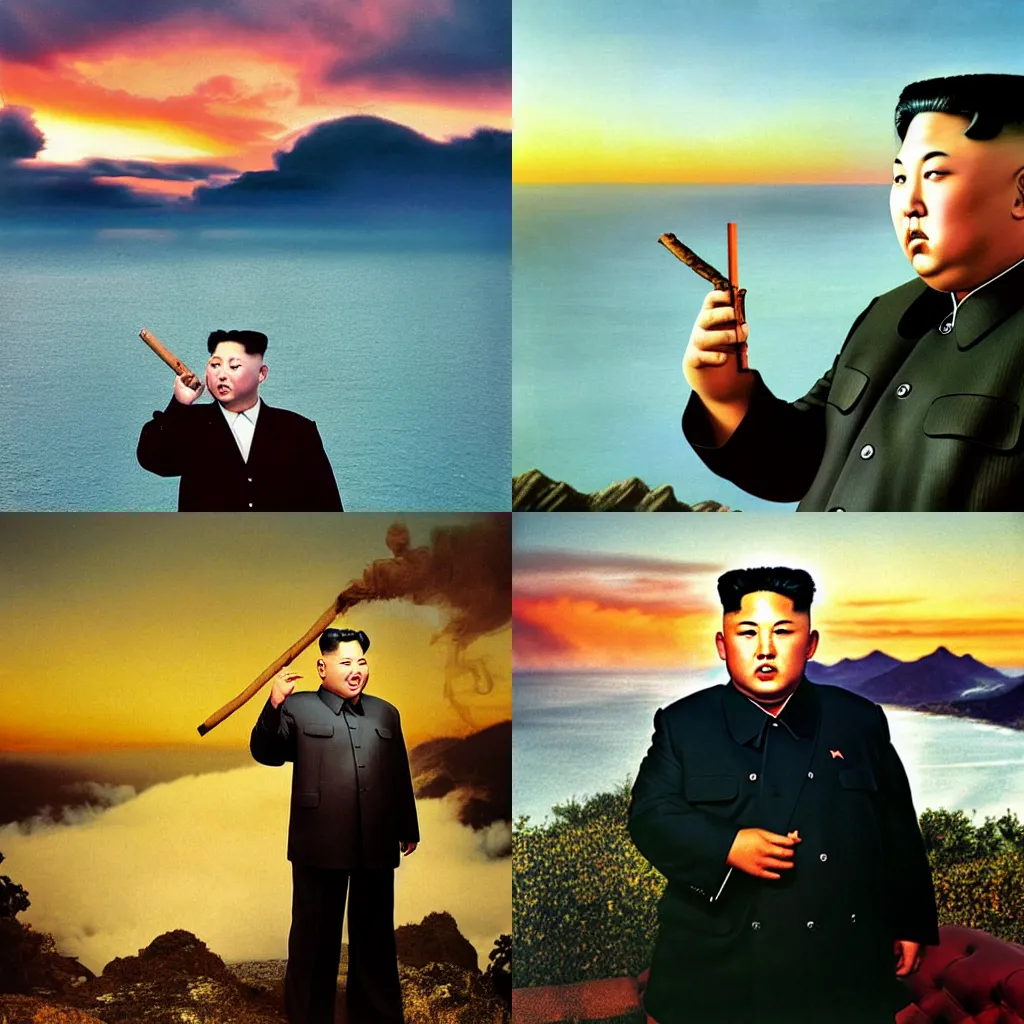 Prompt: kim jong un smoking a huge cuban cigar!!! during sunset on a mountain, turbulent sea in the background, hyperrealistic, high detail photograph by annie leibovitz