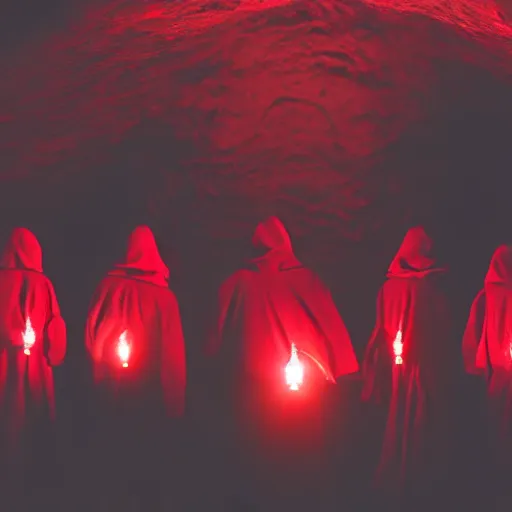 Image similar to A group of red hooded cultist in a cave, being back lit by a lantern. Dark, ambient, eldritch, 8k, hyper realistic.