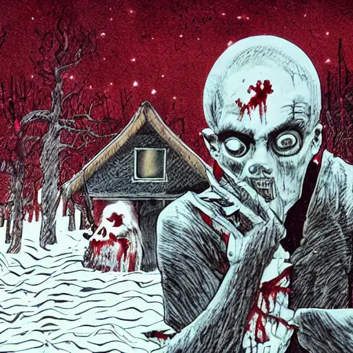 Prompt: horror poster of a zombie outside cozy cabin, mountain, night, by junji ito,