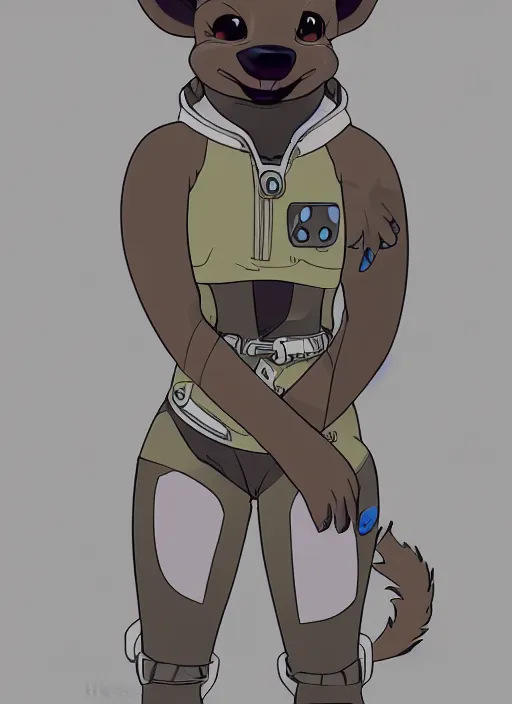 Image similar to digital detailed full body of anthromorphic female hyena, in style of zootopia, zootopia, zootopia, fursona, furry, furaffinity, 4 k, deviantart, furry art, fursona art, wearing astronaut outfit, in style of zootopia, hyena fursona, cyberpunk, female, detailed feminine face,