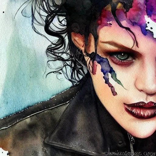 Prompt: beautiful watercolor portrait of jamie alexander wearing a black leather jacket by android jones