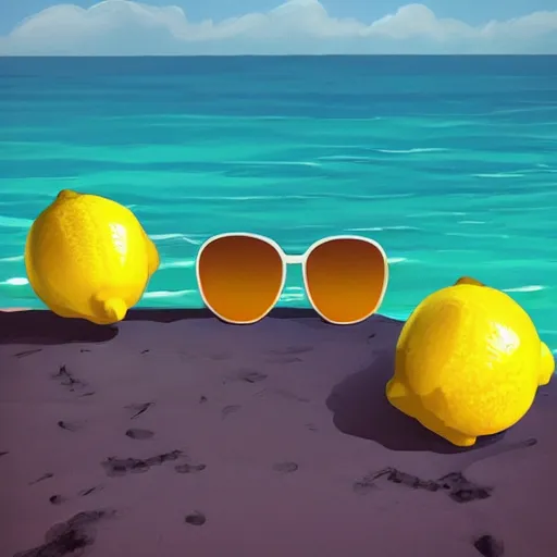Prompt: a lemon character wearing sunglasses relaxing on the beach, artstation