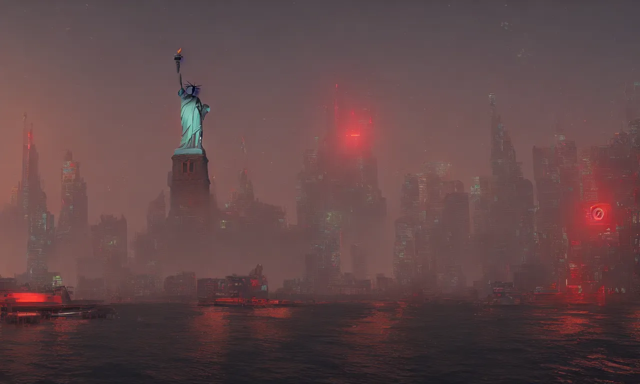 Prompt: statue of liberty with a robot head looking over the harbor, by asher brown durand, trending on artstation, 8 k resolution, red lights, cyberpunk, demonic symbols