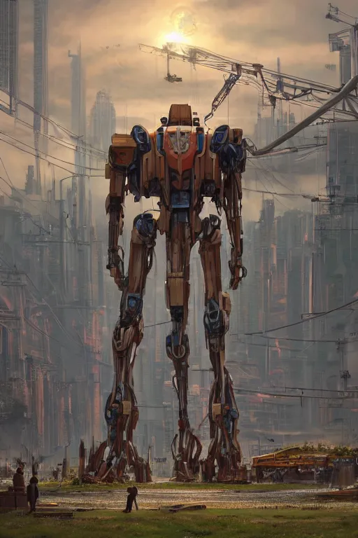 Prompt: engineers work around a giant 1 0 0 ft orgainc wooden tree mech, solarpunk, organic mech made of wood, wooden evangelion, cinematic lighting, octane render, 3 d pixar disney digital cgi rtx hdr painting, highly detailed, artstation cgsociety masterpiece, by syd mead, greg rutkowski, wlop, artger