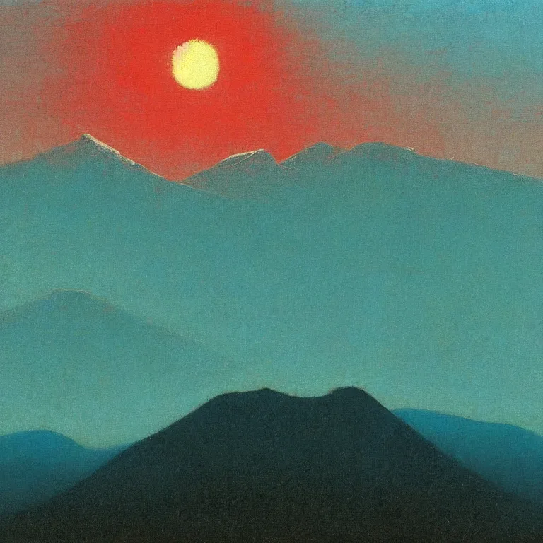 Prompt: caucaus mountains at dawn, arkhip kuindzhi painting, teal palette, impasto sun, pythagorean mysticism