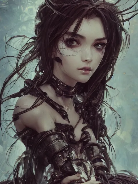 Image similar to close up picture of a witch with exoskeleton wanna play with you, cynical, bored, beautiful and aesthetic, intricate, unreal engine, messy hair, highly detailed, detailed face, smooth, sharp focus, chiaroscuro, manga illustration, artgerm, greg rutkowski, alphonse mucha, young adult light novel cover art