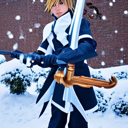 Image similar to of sora cosplay holding keyblade with snow background 35mm