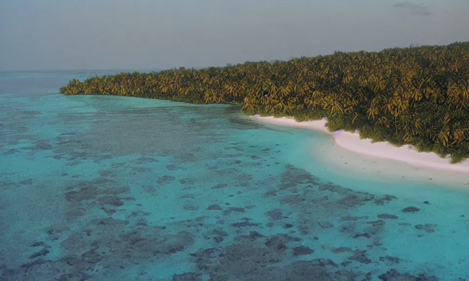 Image similar to 35mm film still magic morning light over an island in the maldives, by Alex grey