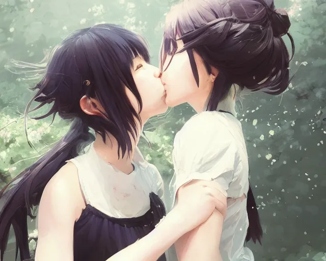 Image similar to two girls kissing and hugging, sharp details, sharp focus, elegant, highly detailed, illustration, by jordan grimmer and greg rutkowski and pine ( ハイネ ) and 薯 子 imoko and 香 川 悠 作 and wlop and maya takamura, intricate, beautiful, trending artstation, pixiv, digital art