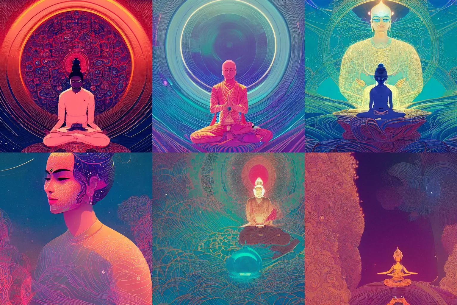 Prompt: amitabha meditates and dreams of infinity, highly detailed, artstation winner by victo ngai, kilian eng and by jake parker, by conrad roset, swirly vibrant color lines, winning award masterpiece, fantastically gaudy, aesthetic octane render, 8 k hd resolution