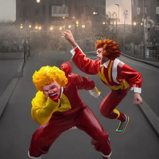 Image similar to Hyperrealistic ultradetailed digital art of Ronald McDonald and the Burger King fighting , realistic, detailed lighting, cinematic, trending on artstation and 500px and behance