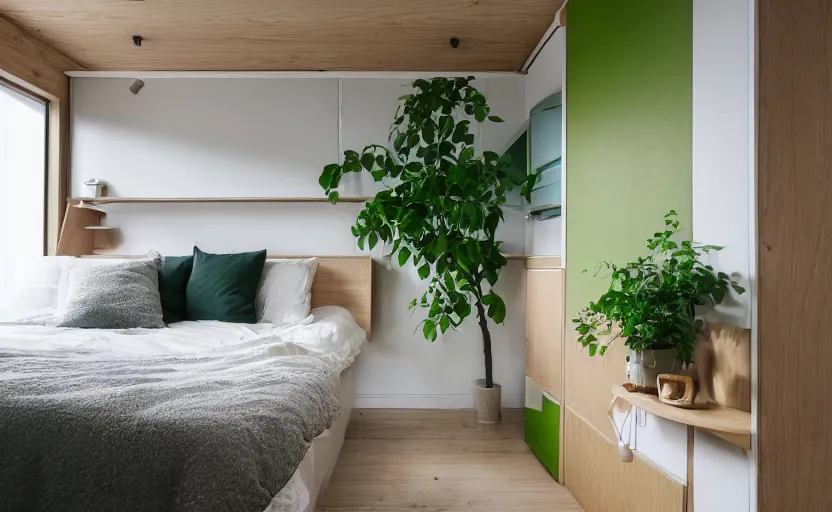 Prompt: interior of a compact bedroom in an apartment building, bed, green wall, cupboards, japanese design, swedish design, natural materials, minimalism, pine wood, earth colors, feng shui, rustic, white, beige, bright, plants, windows with a view of a green park, modernist, 8 k