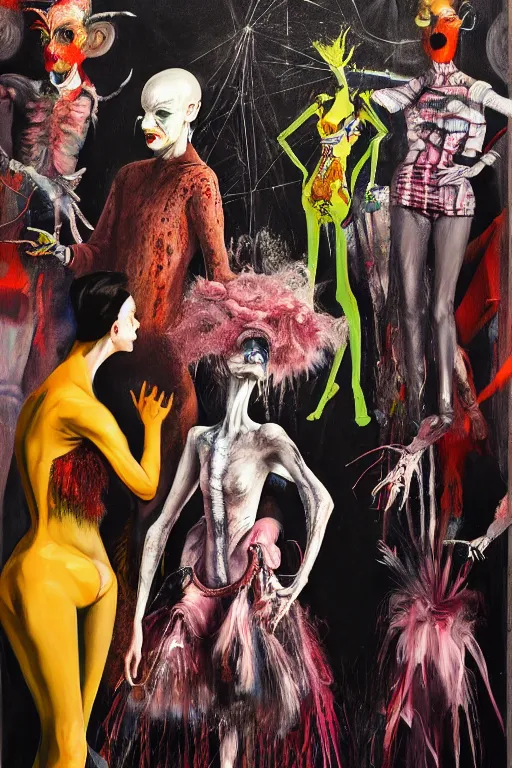 Image similar to crazy fashion catwalk, freak show, crazy clothes, biopunk style, horror, hauntingly surreal, highly detailed painting by francis bacon, edward hopper, adrian ghenie, gerhard richter, and james jean soft light 4 k,