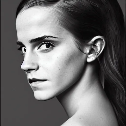 Prompt: Emma Watson closeup face shoulders very long hair Vogue fashion shoot by Peter Lindbergh fashion poses detailed professional studio lighting dramatic shadows professional photograph by Cecil Beaton, Lee Miller, Irving Penn, David Bailey, Corinne Day, Patrick Demarchelier, Nick Knight, Herb Ritts, Mario Testino, Tim Walker, Bruce Weber, Edward Steichen, Albert Watson