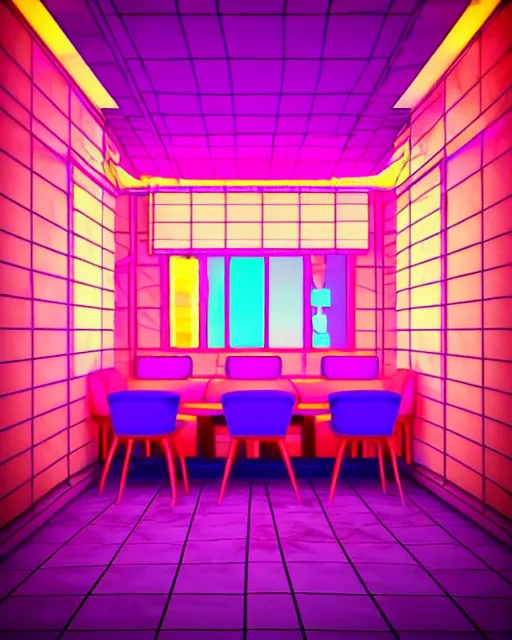 Image similar to synthwave vaporwave maximalist detailed restaurant lofi purple blue retro dreamcore render realistic 3 d by seerlight trending on instagram