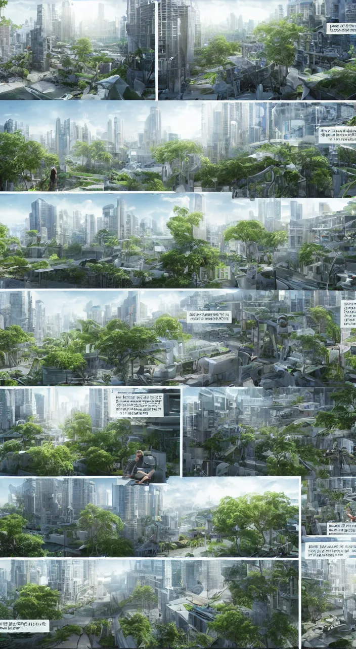 Prompt: 3 - panel comic page layout. two people talking about sustainable futuristic building in a urban setting. ultrarealistic matte painting on white page. the building has many deep and tall balconies covered in plants and trees. thin random columns, large windows, deep overhangs. greeble articulated details with plants. 8 k, uhd.