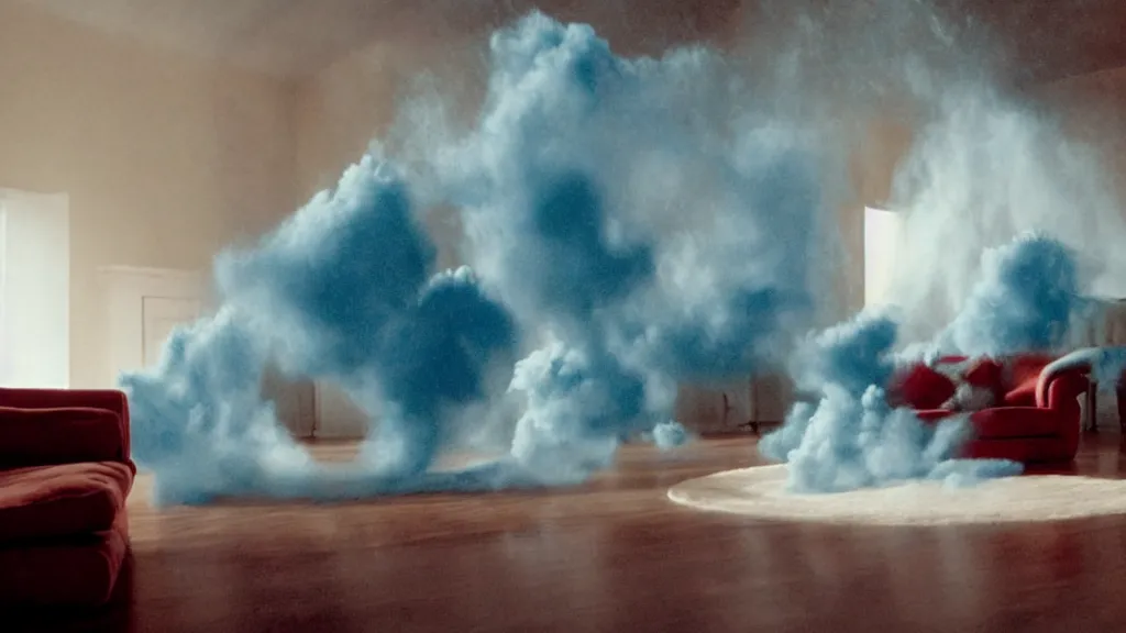 Image similar to colored powder explosion in the living room, film still from the movie directed by Denis Villeneuve with art direction by Salvador Dalí, wide lens