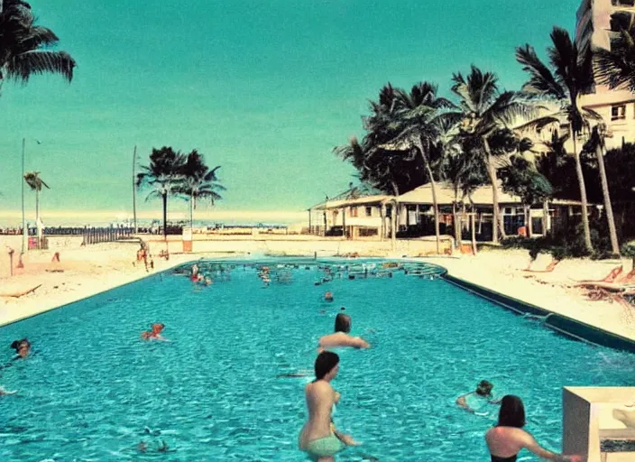 Image similar to pool at the beach without people. nostalgic. 6 0 s styled art