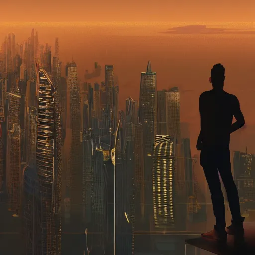 Prompt: closeup of a man [ standing on the pinnacle of the burj khalifa ]!!, holding a camera, viewing out into a [ futuristic cityscape ]!!, dusk atmosphere, digital art illustrated by max hay and greg rutkowski, [ 8 0 s neon art style ]!!, neon wallpaper!!, golden ratio!!, centered!!