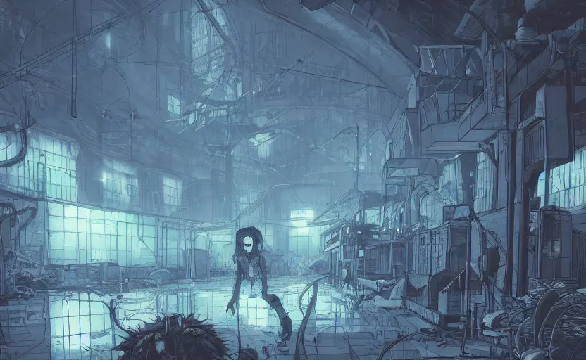 Image similar to a bio - monster in a mess warehouse, crystal lights, resident evil, sci - fi atmosphere, cel - shading, cinematic, artstation, studio ghibli, miyazaki, highly details