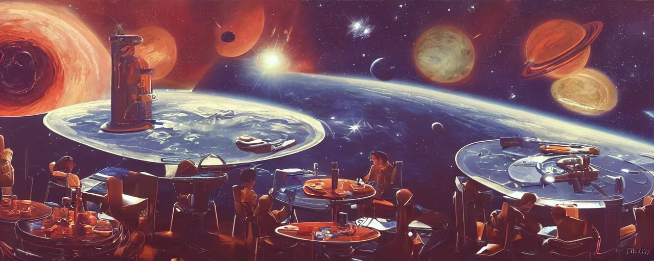 Image similar to a cafeteria table in space by david a. hardy