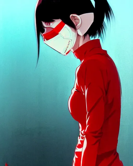 Image similar to black haired girl wearing a surgical mask and red dress | | audrey plaza, warframe armor, fine detail!! anime!! realistic shaded lighting!! poster by ilya kuvshinov katsuhiro otomo ghost - in - the - shell, magali villeneuve, artgerm, jeremy lipkin and michael garmash and rob rey