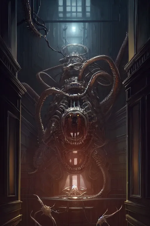 Prompt: professional concept art of a creepy family horrendous mechanical predatory! species in a dark room by artgerm and greg rutkowski. an intricate, elegant, highly detailed digital painting, concept art, smooth, sharp focus, illustration, in the style of cam sykes.