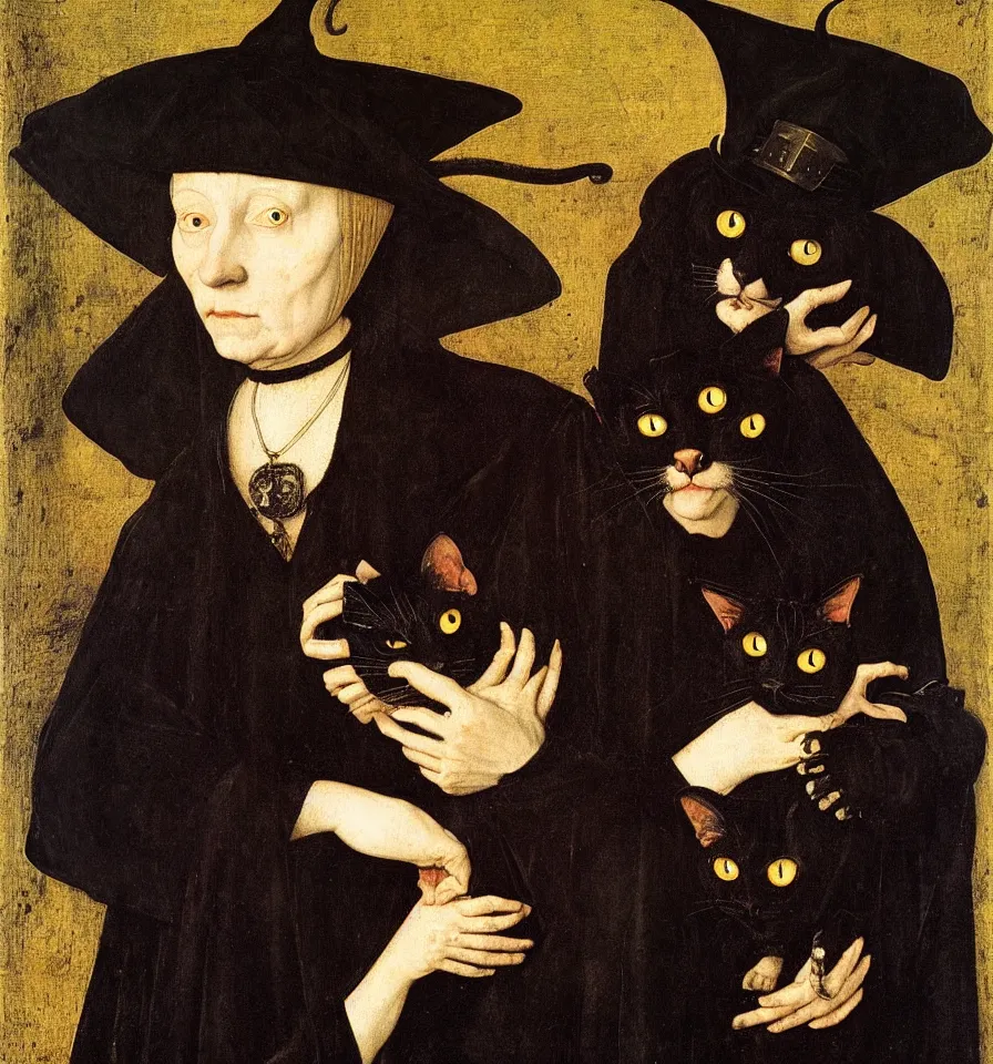 Prompt: painted portrait of a creepy witch with a black cat, 1 6 th century, hans holbein the younger, jan van eyck, gerit dou,