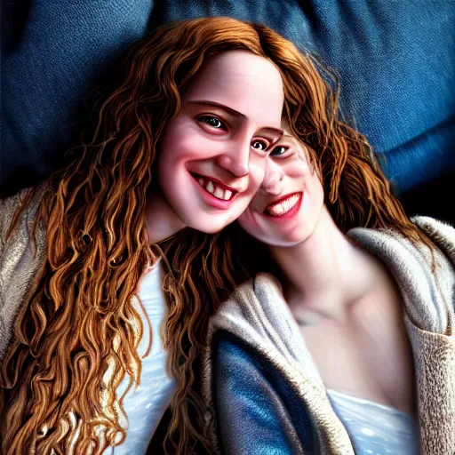 Image similar to intricate beautiful hyperreal portrait of a hermione granger and hermione granger, smiling softly, casual clothes, relaxing on the couch, home interior, golden hour, close up shot, 8 k, art by irakli nadar, hyperrealism, hyperdetailed, ultra realistic