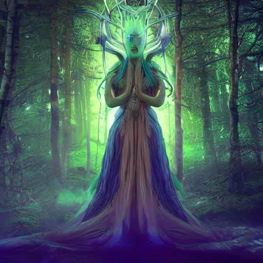 Image similar to tapping in to something greater, piles of modular synth cables, goddess portrait wearing a big headpiece in a mystical glowing forest in the style of wlop, stanley kubrick, masamune, unique perspective, eastman color, perfect details, trending on artstation, 3 d render, smooth render, green and blue palette, wlop