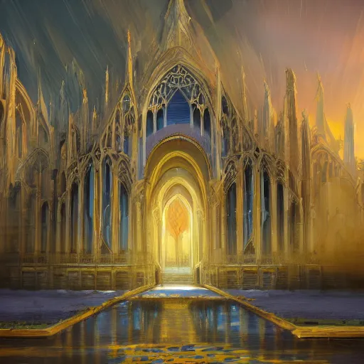 Prompt: epic cathedral, growing from the sea, painted blue and yellow, trending artstation