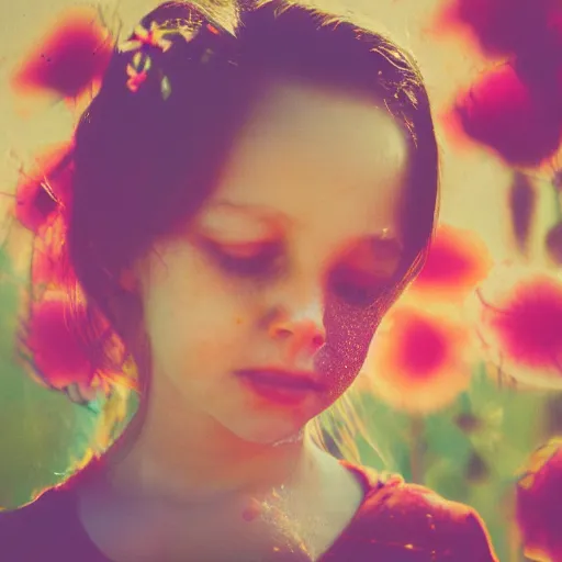 Image similar to oversaturated, burned, light leak, expired film, photo of a girl crying into a flower