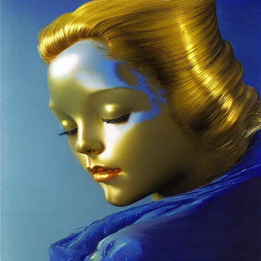 Image similar to a chrome woman's face in flowing sheets of cobalt blue gold chrome silver satin, by moebius syd mead roger dean wojciech siudmak donato giancola yoshitaka amano ivan aivazovsky jan de heem pieter claesz paul delaroche alma tadema aelbert cuyp willem claesz, hyperrealistic volumetric light render