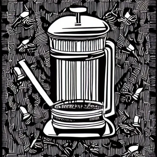 Prompt: french press, coffee, hand drawn, illustration, engraved vector, by alexanderpokusay