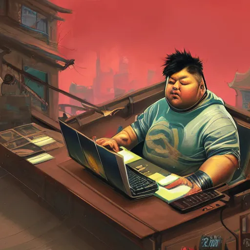 Image similar to an insanely detailed painting of a chubby asian man wearing a homemade superhero costumed, sitting at a computer desk typing on the keyboard, in the style of peter mohrbacher, dramatic lighting and composition, trending on artstation, concept art, comic book, graphic novel