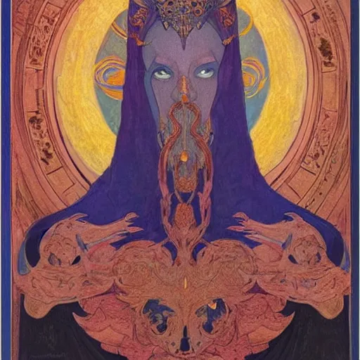 Prompt: the night crown, by Annie Swynnerton and Nicholas Roerich , embroidered robes, starry tattoos, elaborate costume, geometric ornament, symbolist, soft colors, dramatic lighting, smooth, sharp focus, extremely detailed