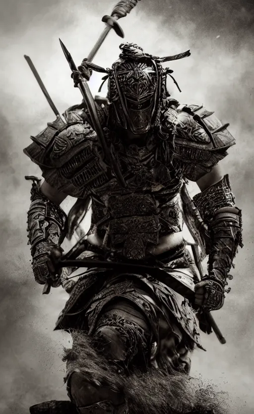 Prompt: vertical movie frame with heavy furious warrior riding ancient wooden atv, armor inspired by feudal japan and fashion, strong blooded body, brutal blooded symmetrical face, epic,cinematic lighting, award winning, establishing shot, extremely high detail, photorealistic, brutal, provocative , cinematic lighting, artstation, octane render, dark fantasy ,old photo, vintage, black and white, sepia, old photography, documentary photography