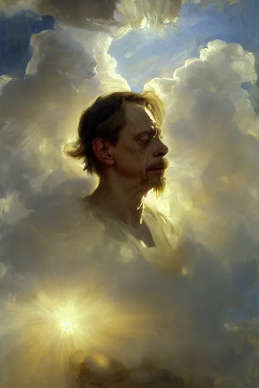 Prompt: beautiful detailed expressive impressionistic oil painting portrait of ancient roman god emperor steve buscemi ascending into the clouds wearing the civic crown, renaissance painting, art by anders zorn, wonderful masterpiece by greg rutkowski, expressive brush strokes, beautiful cinematic light, american romanticism by greg manchess, jessica rossier